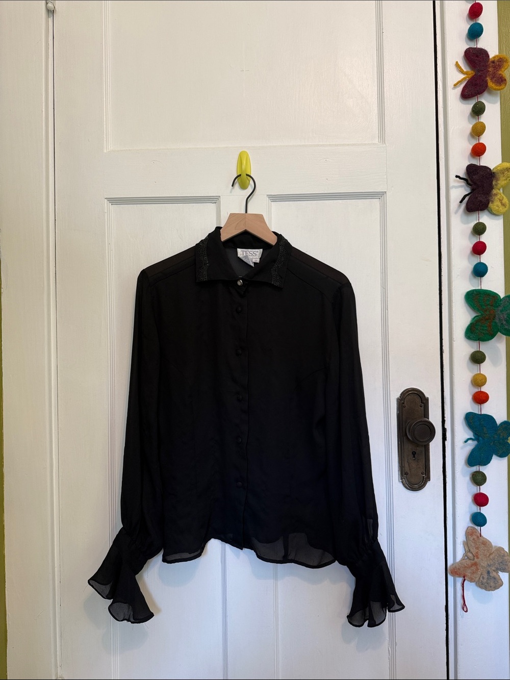 Vintage Black Chiffon Sheer Ruffle Cuff Button-Up Top